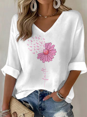 Women's Pink Ribbon Sunflower Faith Breast Cancer Awareness Support V-Neck Top