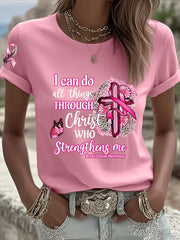 Women's Breast Cancer Awareness Pink Ribbon Faith Cross Short Sleeve  T-shirt