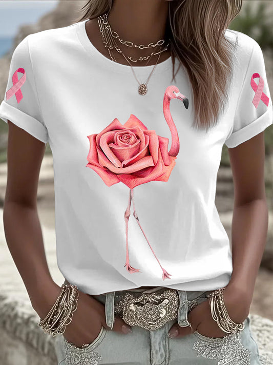 Women's Rose Flamingo Breast Cancer Awareness Short-sleeved T-shirt