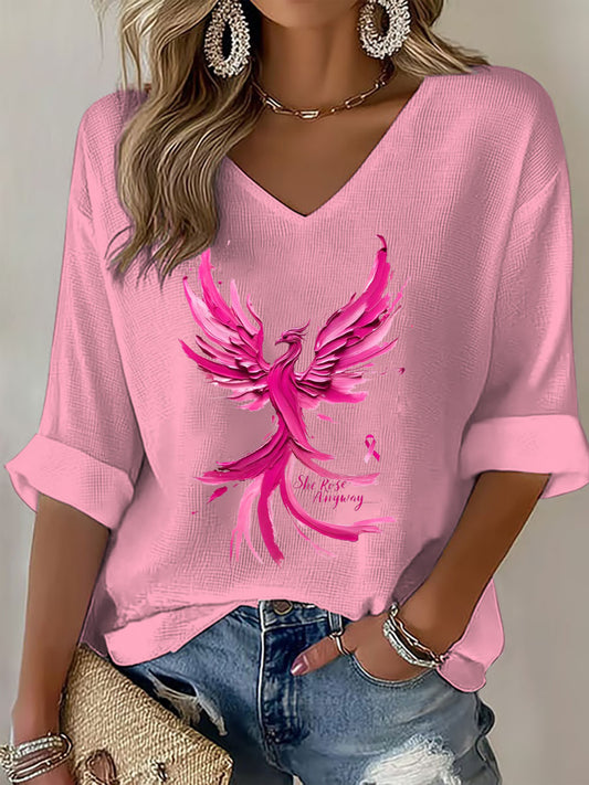 Women's Breast Cancer Awareness Pink Phoenix V-Neck Waffle Top