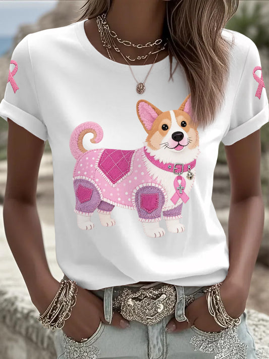 Women's Pink Dog Pink Ribbon Breast Cancer Awareness Support Tee