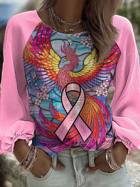 Women's Breast Cancer Awareness Pink Phoenix Print Cotton and Linen Top
