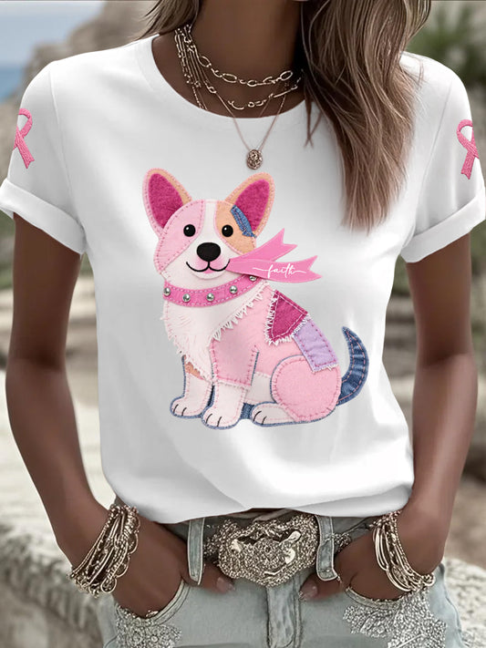 Women's Pink Dog Pink Ribbon Breast Cancer Awareness Support Tee