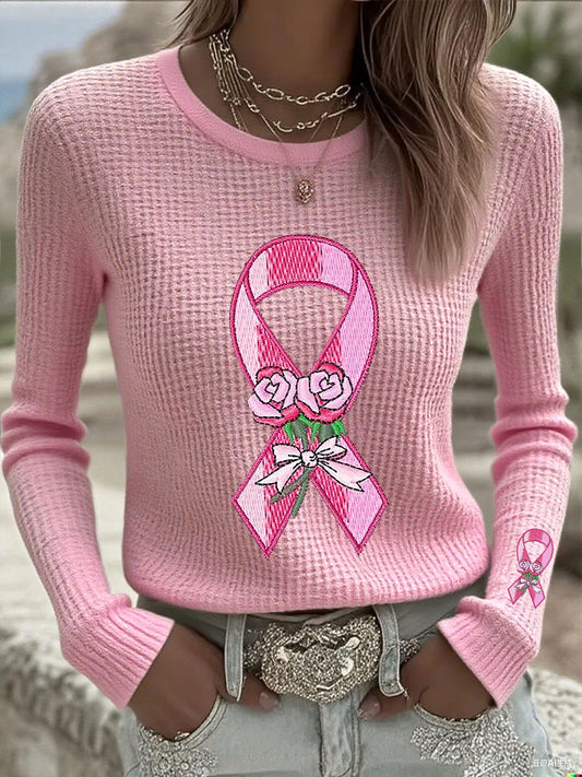 Women's Breast Cancer Pink Waffle Long Sleeve T-Shirts