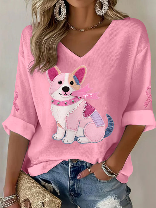 Women's Pink Dog Pink Ribbon Breast Cancer Awareness Support Long-Sleeve T-shirt