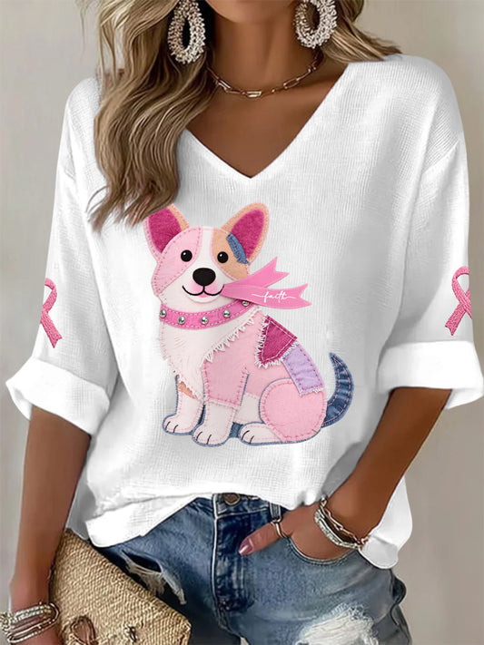 Women's Pink Dog Pink Ribbon Breast Cancer Awareness Support Long-Sleeve T-shirt