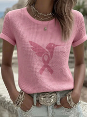 Women's Breast Cancer Awareness Pink Hummingbird Print Waffle T-Shirt