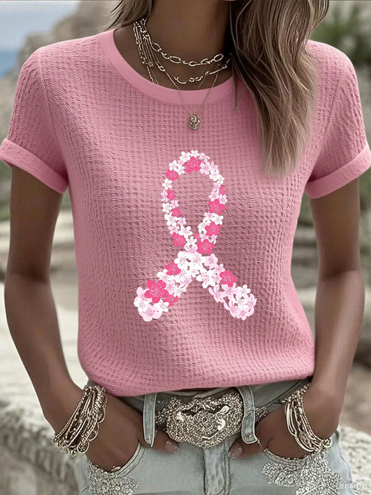 Women's Breast Cancer Awareness Pink Cherry Blossom Ribbon V-Neck T-Shirt