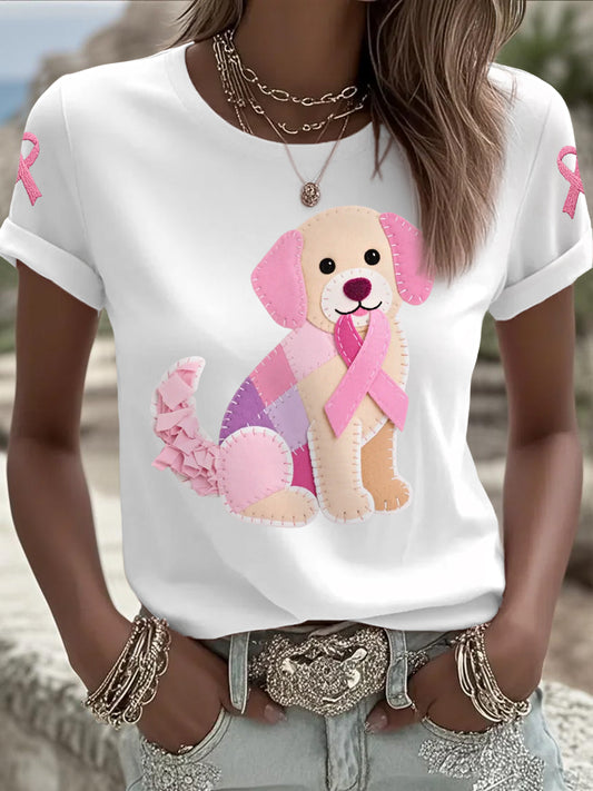 Women's Pink Dog Pink Ribbon Breast Cancer Awareness Support Tee