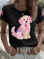 Women's Pink Dog Pink Ribbon Breast Cancer Awareness Support Tee