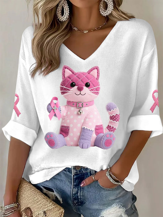 Women's Pink Cat Pink Ribbon Breast Cancer Awareness Support Long-Sleeve T-shirt