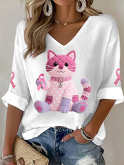 Women's Pink Cat Pink Ribbon Breast Cancer Awareness Support Long-Sleeve T-shirt