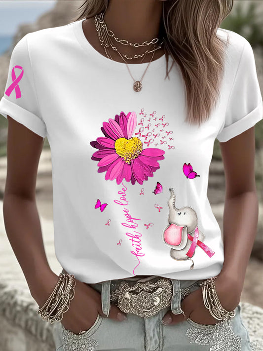 Women's Breast Cancer Awareness Sunflower Pink Ribbon Short Sleeve T-shirt