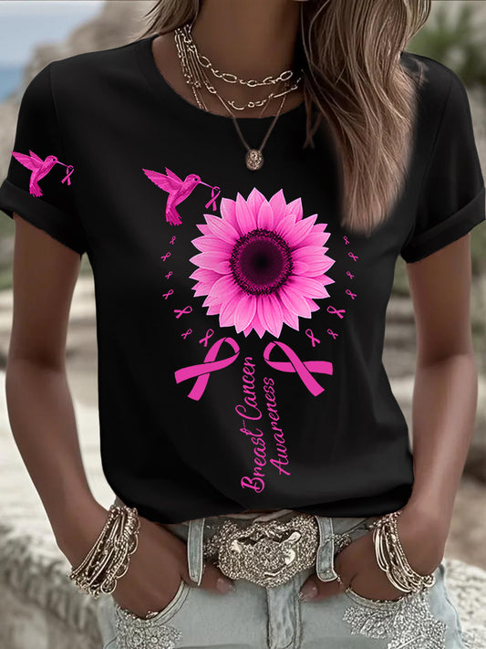 Women's Breast Cancer Awareness Hummingbird Sunflower Pink Ribbon Short Sleeve T-shirt