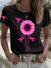 Women's Breast Cancer Awareness Hummingbird Sunflower Pink Ribbon Short Sleeve T-shirt