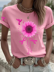 Women's Breast Cancer Awareness Hummingbird Sunflower Pink Ribbon Short Sleeve T-shirt