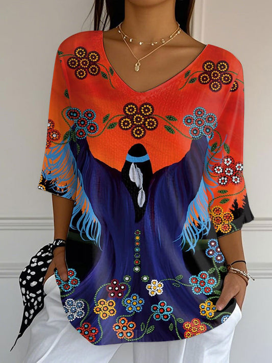 Women's Indigenous Art V-Neck T-Shirts