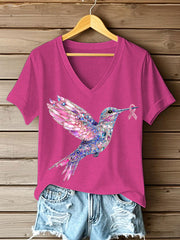 Women's Pink Hummingbird Print T-shirt