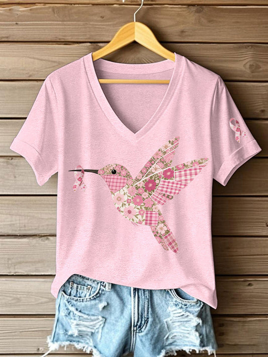 Women's Pink Hummingbird Print T-shirt