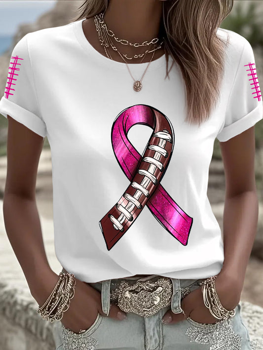 Women's Breast Cancer Awareness Football Pink Out Pink Ribbon Print T-shirt
