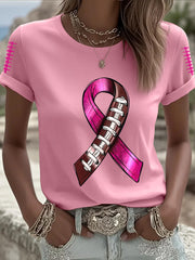 Women's Breast Cancer Awareness Football Pink Out Pink Ribbon Print T-shirt