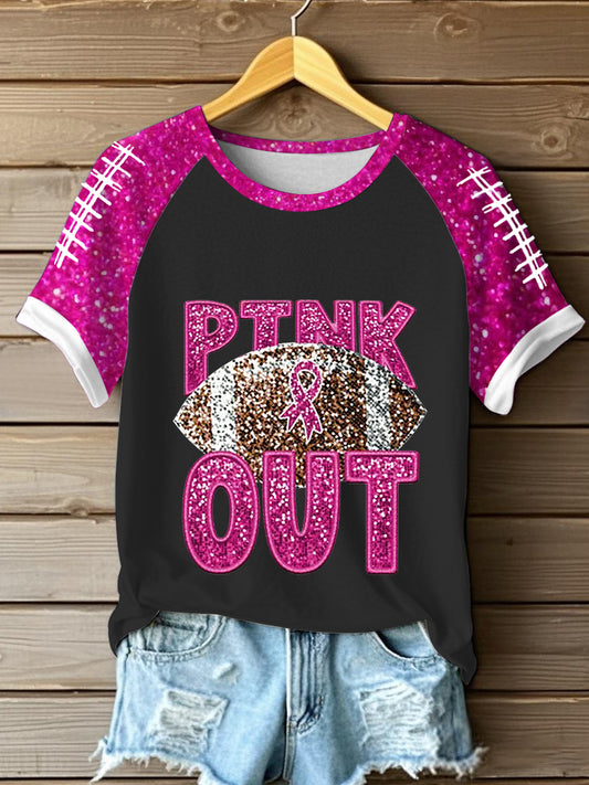 Women's Breast Cancer Awareness Football Pink Out Pink Ribbon Print T-shirt