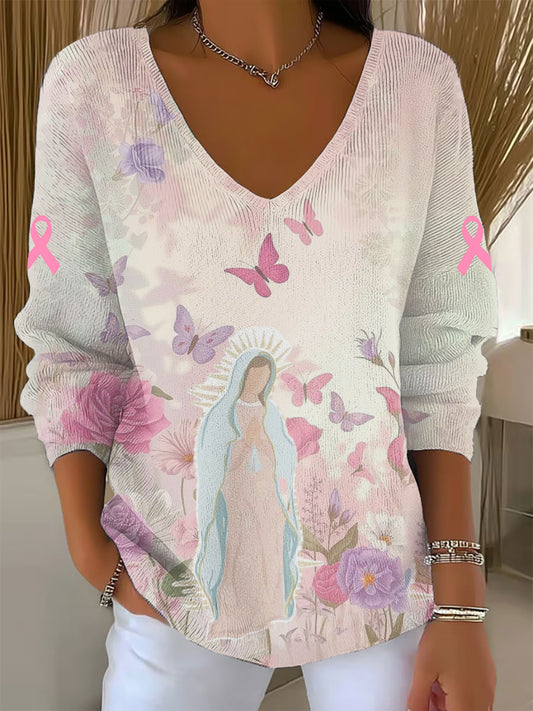 Women's Virgin Mary Pink Breast Cancer Awareness Long Sleeve Top