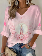 women's Virgin Mary pink breast cancer awareness long sleeve top