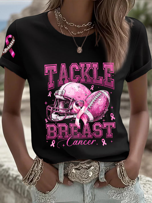 Women's Breast Cancer Awareness Football Pink Out Pink Ribbon Print T-shirt