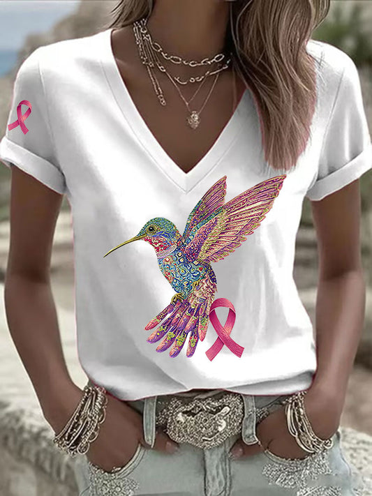 Women's Pink Hummingbird Print T-shirt