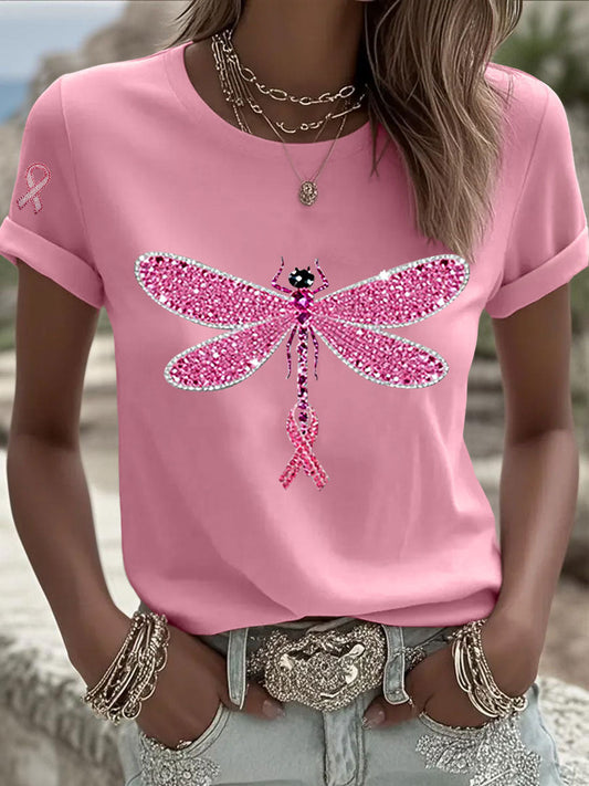 Women's Pink Ribbon Print Casual T-shirt