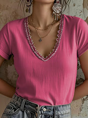 Women's Lace V-Neck Casual T-Shirt