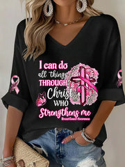 Women's Breast Cancer Awareness I Can Do All Things Through Christ Pink Ribbon Waffle T-shirt
