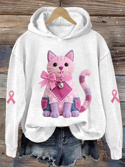 Women's Pink Cat Pink Ribbon Breast Cancer Awareness Support Sweatshirt