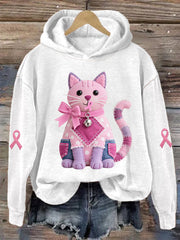 Women's Pink Cat Pink Ribbon Breast Cancer Awareness Support Sweatshirt