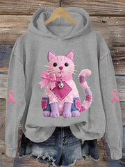 Women's Pink Cat Pink Ribbon Breast Cancer Awareness Support Sweatshirt