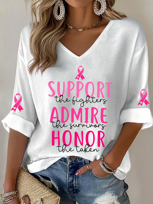 Women's Breast Cancer Awareness Support The Fighters Admire The Survivors Honor The Taken Pink Ribbon Waffle T-shirt