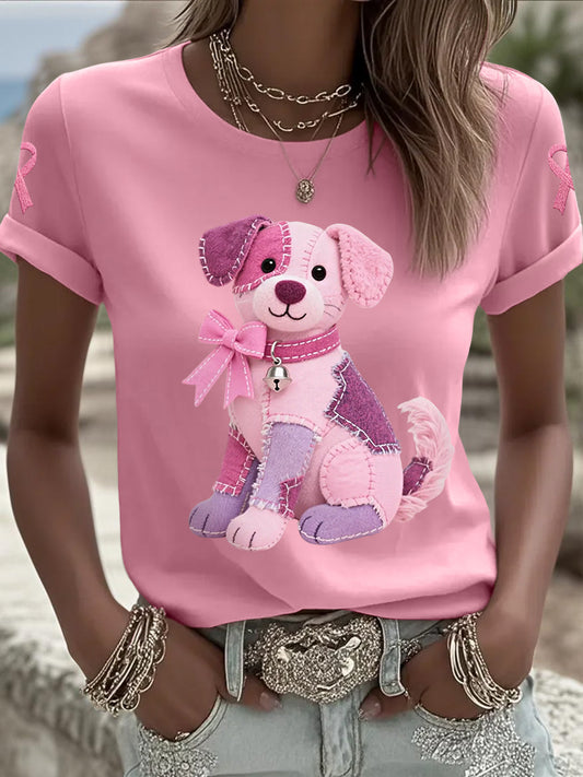 Women's Pink Dog Pink Ribbon Breast Cancer Awareness Support Tee
