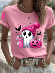 Women's Breast Cancer Awareness In October We Wear Pink Ghost Pink Ribbon Short Sleeve T-shirt