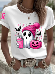 Women's Breast Cancer Awareness In October We Wear Pink Ghost Pink Ribbon Short Sleeve T-shirt