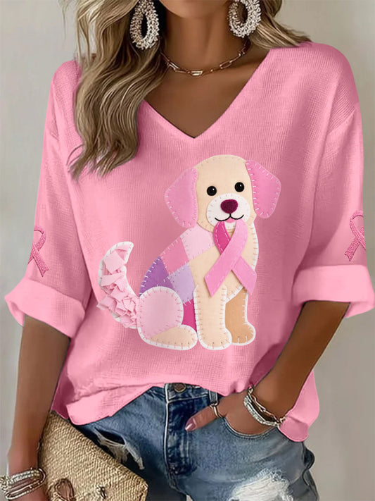 Women's Pink Dog Pink Ribbon Breast Cancer Awareness Support Long-Sleeve T-shirt