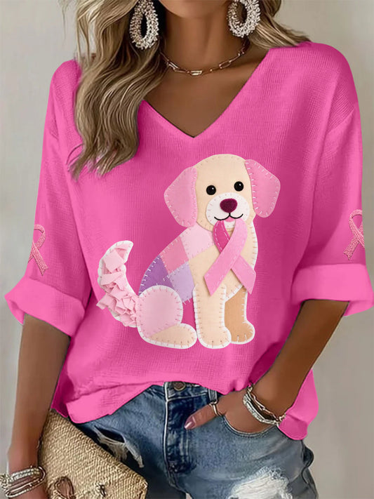Women's Pink Dog Pink Ribbon Breast Cancer Awareness Support Long-Sleeve T-shirt