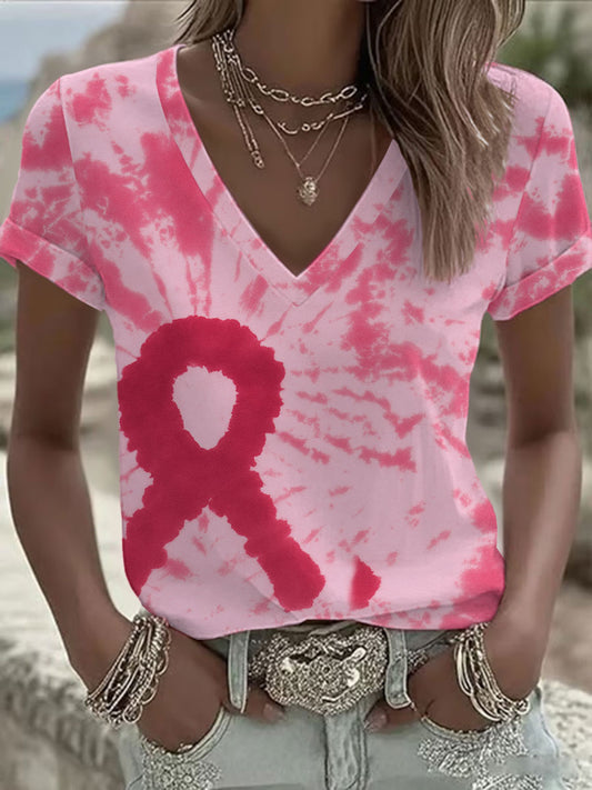 Women's Pink Tie-Dye Ribbon Print Casual T-shirt