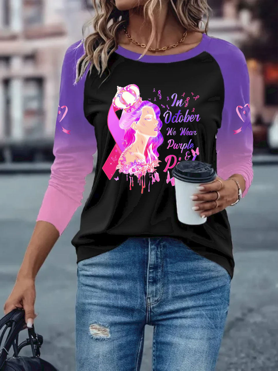 Women's Breast Cancer long-sleeved T-shirt with dropped shoulders