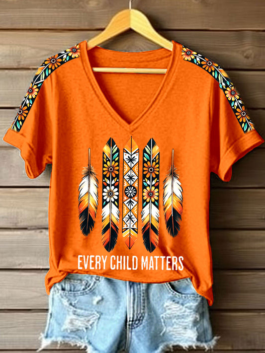 Women's Every Child Matters Feather Print V-Neck T-Shirt