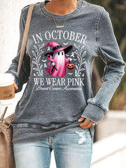 Women's In October We Wear Pink Halloween Pink Ghost Breast Cancer Awareness Support Sweatshirt