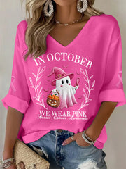 Women's In October We Wear Pink Halloween Pink Ghost Breast Cancer Awareness Support  Long Sleeve Top