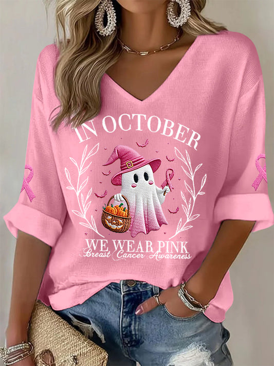 Women's In October We Wear Pink Halloween Pink Ghost Breast Cancer Awareness Support  Long Sleeve Top