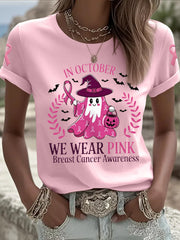 Women's In October We Wear Pink Halloween Pink Ghost Breast Cancer Awareness Support Tee