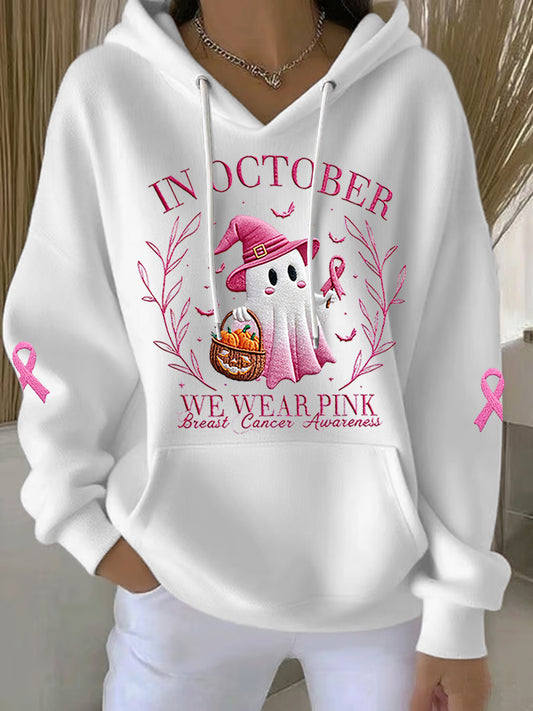 Women's In October We Wear Pink Halloween Pink Ghost Breast Cancer Awareness Support Hoodie